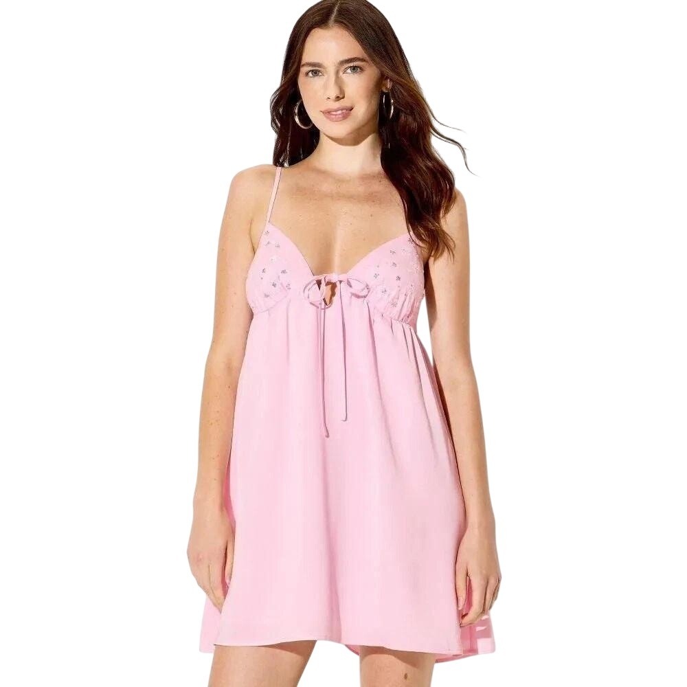 Wild Fable Women's Pink Embellished Satin Babydoll Sleeveless Dress Size XL